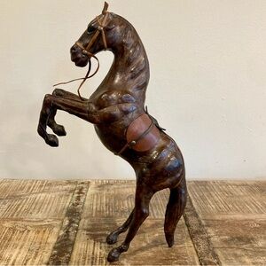 Vintage Leather Wrapped Bucking Horse Figure Statue Western Rustic Brown 15 3/4”